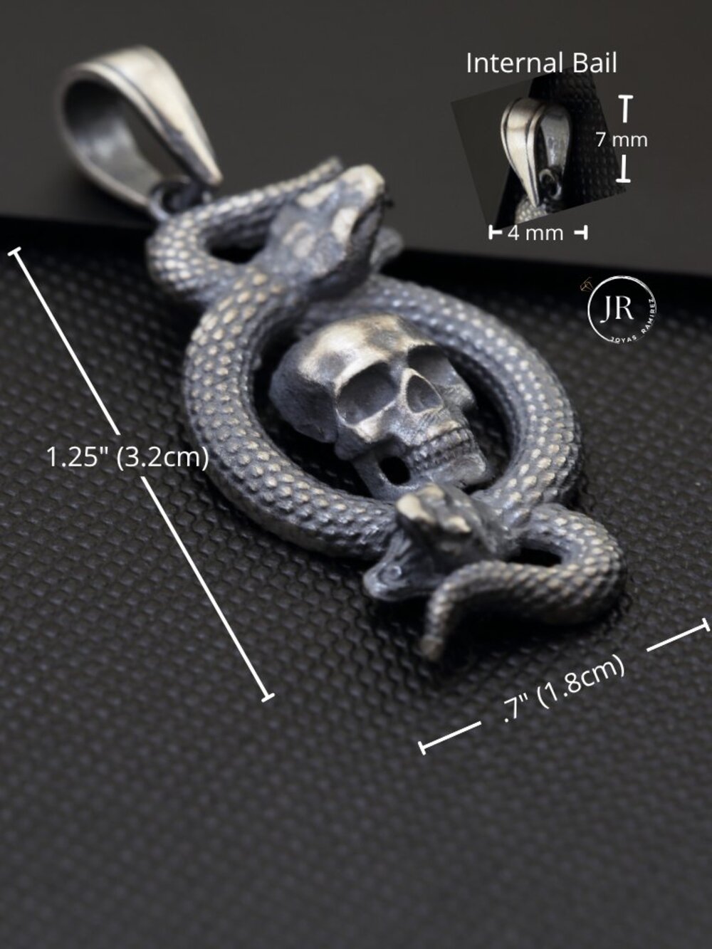 .925 Sterling Silver Skull and Snake Pendant Gothic Oxidized Fine Jewelry - Picture 8 of 9